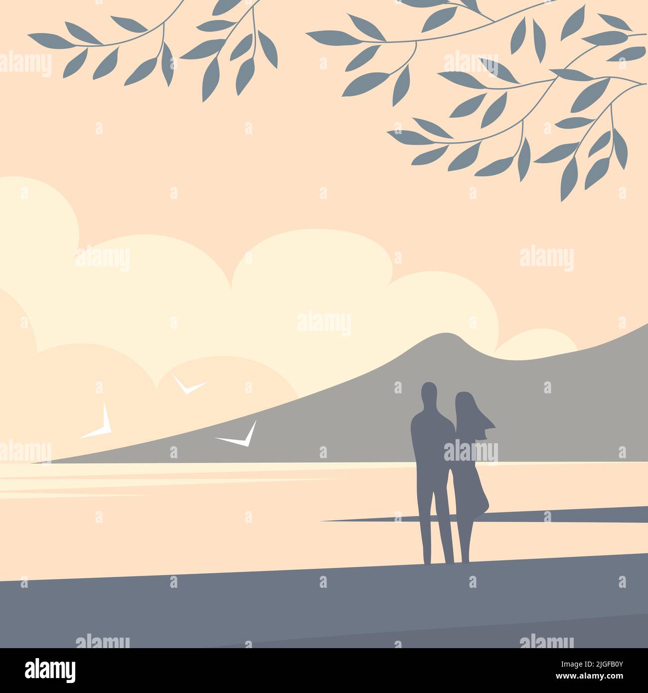 Seascape mit Küste und Bergen. Silhouette von jungen Mann und Frau. Baumzweig. Wilder Strand. Sommermeer. Wunderschöne Natur. Romantische Landschaft. Flach Stock Vektor