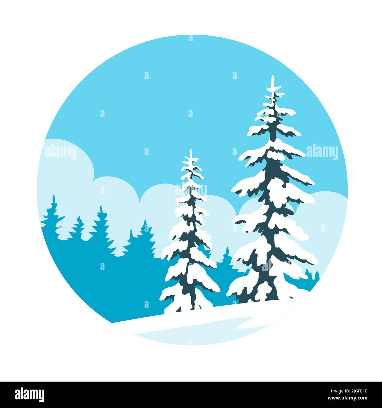 Winter verschneiten Wald. Habe im Schnee gegessen. Wunderschöne Berglandschaft. Naturhintergrund mit blauem Himmel. Vektor Runde Cartoon-Illustration Stock Vektor