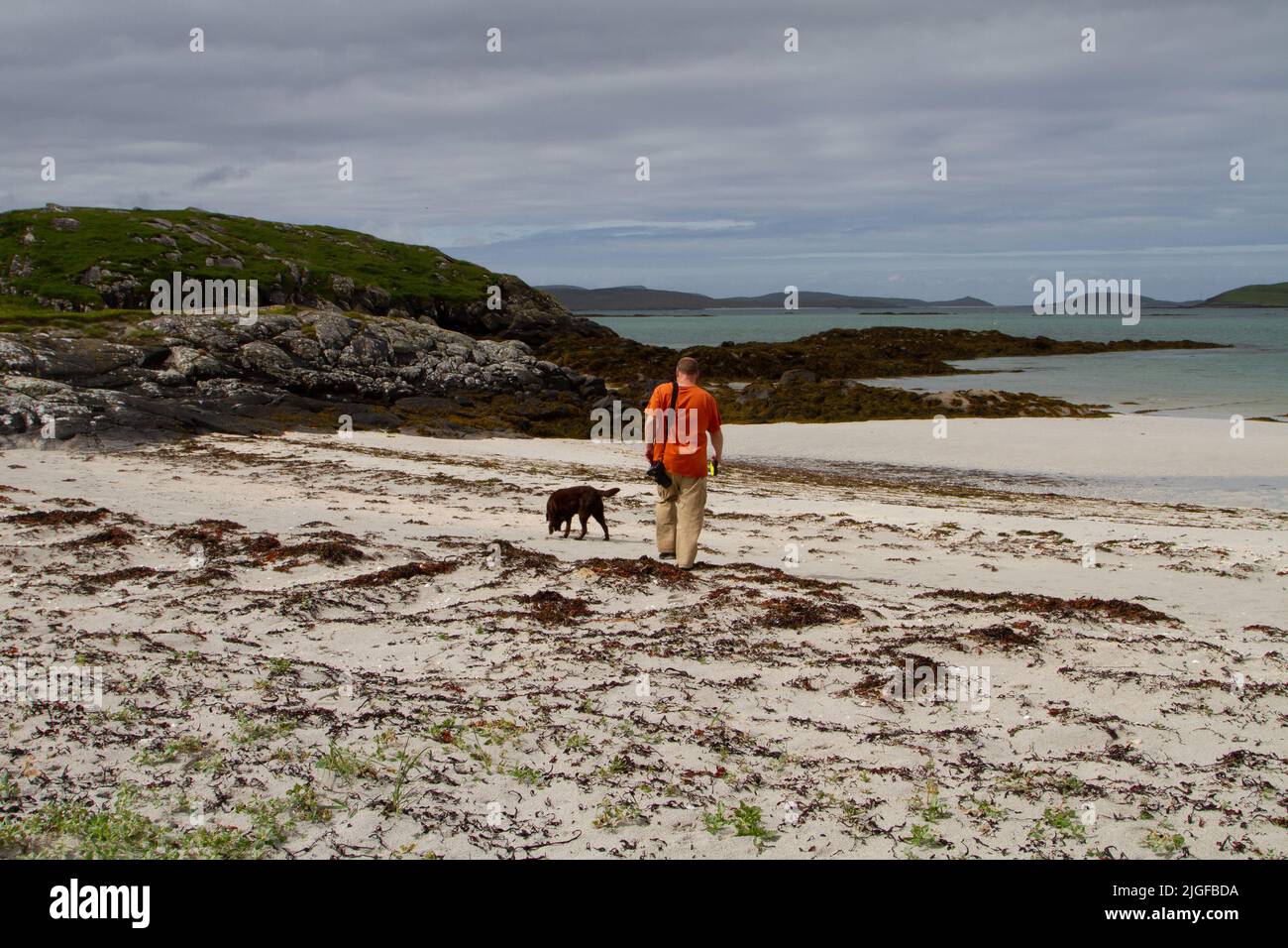 Mann mittleren Alters in einem orangefarbenen T-Shirt am Strand von Eriskay mit einem launischen labrador aus Schokolade Stockfoto