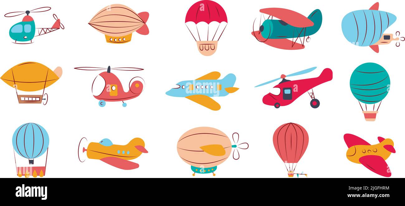 Kindertransport. Handgezeichnete kindliche Illustrationen von Flugzeugspielzeug Flugzeuge Hubschrauber grellen Vektor reisen Konzept Bilder Stock Vektor