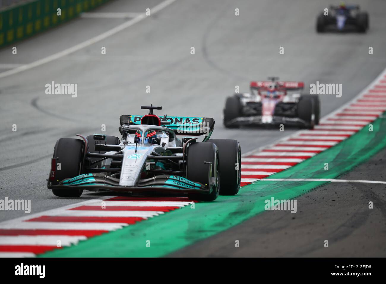 #63 George Russel: Mercedes AMG Team F1 beim GP von Österreich, 6-10. Juli 2022 auf der Red Bull Ring-Strecke, Formel 1 Weltmeisterschaft 2022. Stockfoto