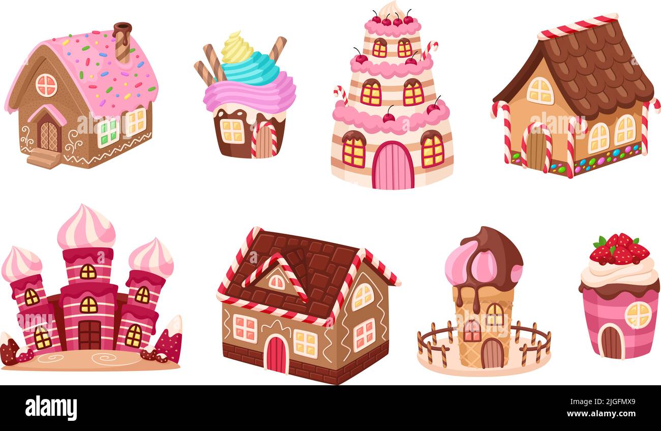 Cartoon Süßigkeiten Häuser. Spiel Lebkuchenhaus, Schokolade Cupcake Gebäude. Isolierte köstliche Desserts, Kekscreme märchenhafte Stadt grellen Vektor Stock Vektor