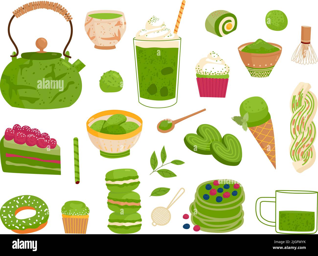 Matcha-Teeset. Orientalische Kekse, japanische Makronen und warmer Latte. Pflanzliche Zutaten Desserts, grüne Getränke und Getränke. Vektor-Set mit asiatischer Klasse Stock Vektor