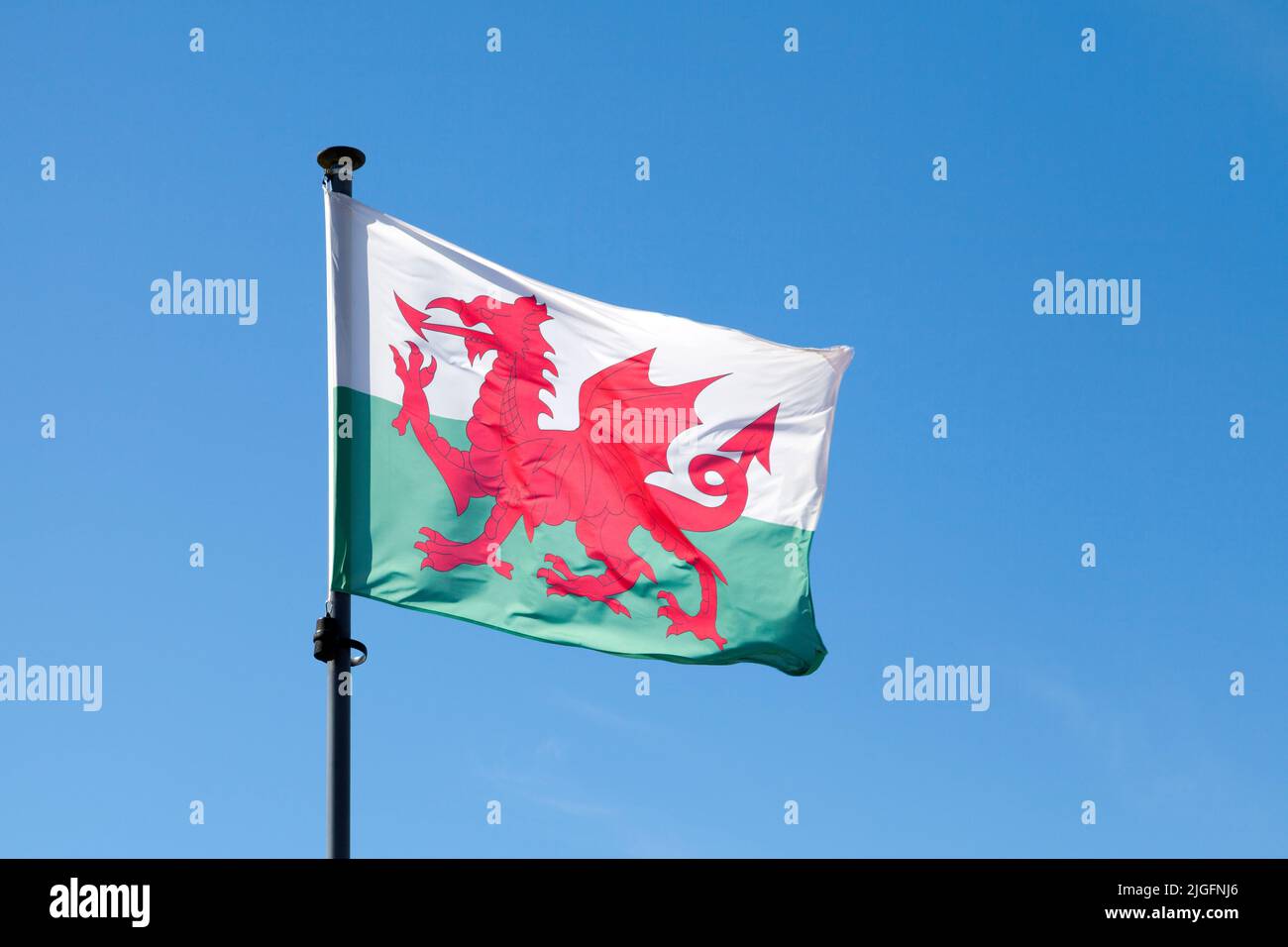 Die Flagge von Wales winkt auf dem Pol gegen einen blauen Himmel. Stockfoto