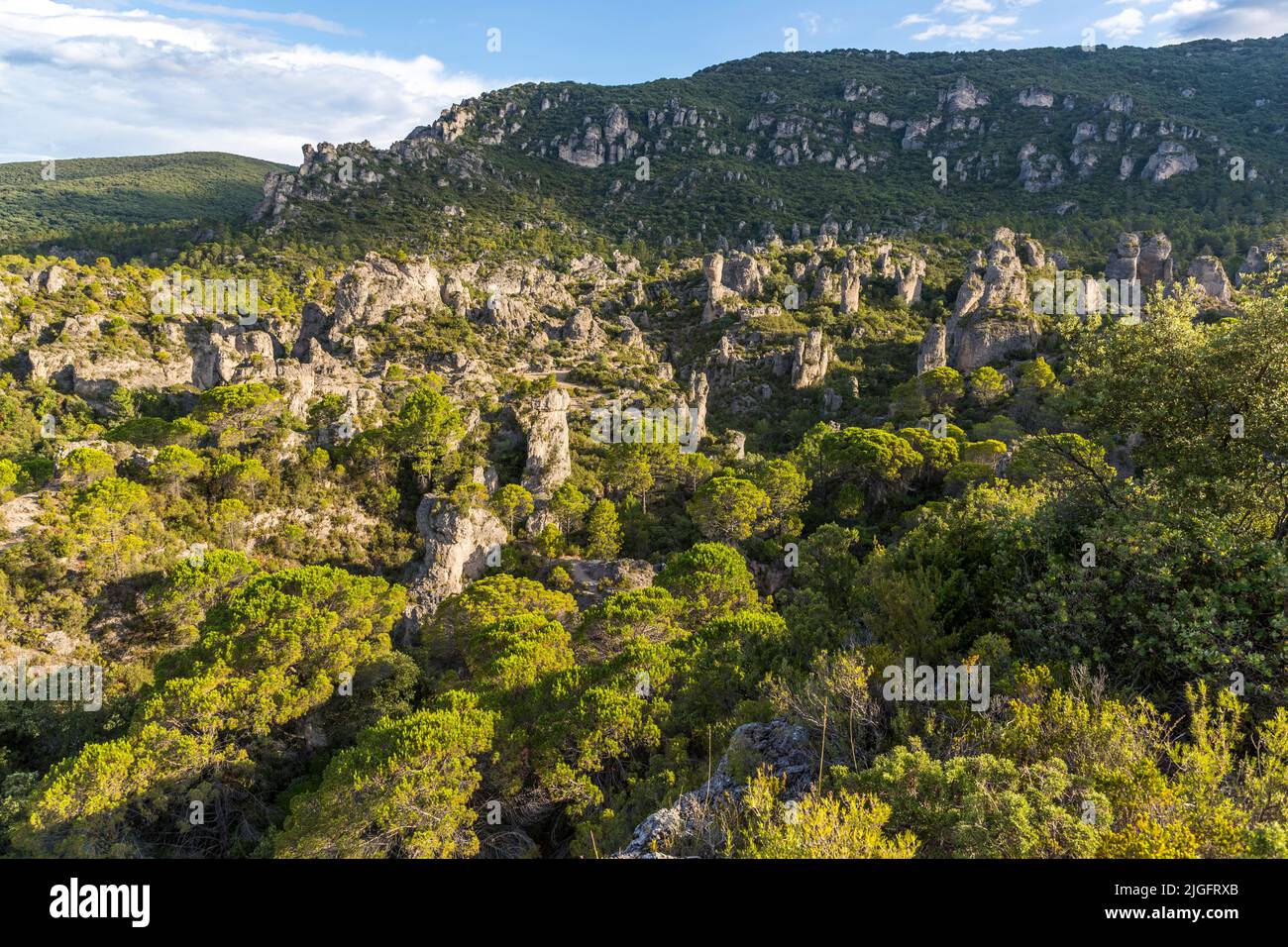 Am Rande des Dorfes od Mourèze (Lodève, Frankreich) befindet sich ein spektakulärer dolomitischer Kalksteinausbiss, der als Cirque de Mourèze bekannt ist Stockfoto