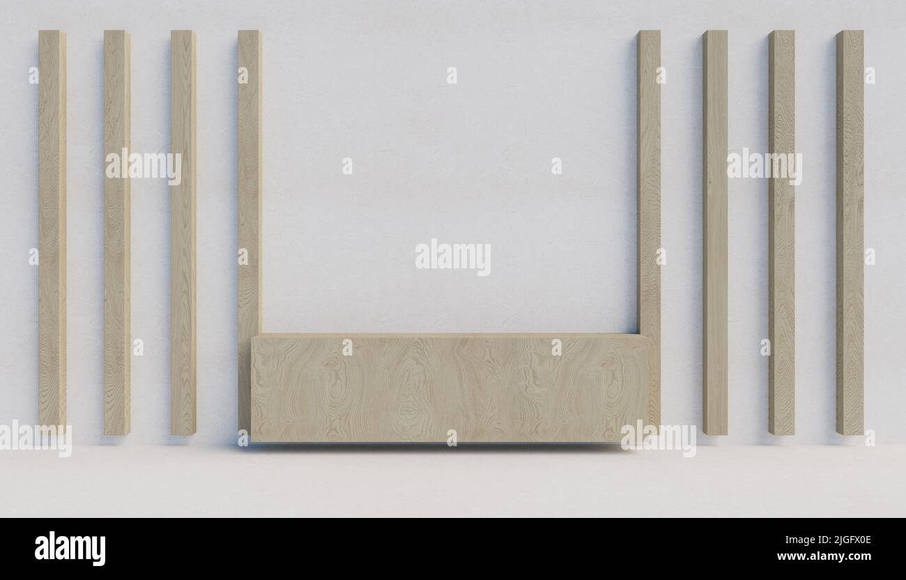 Holzlatten an einer weißen Wand. 3D Rendern Stockfoto