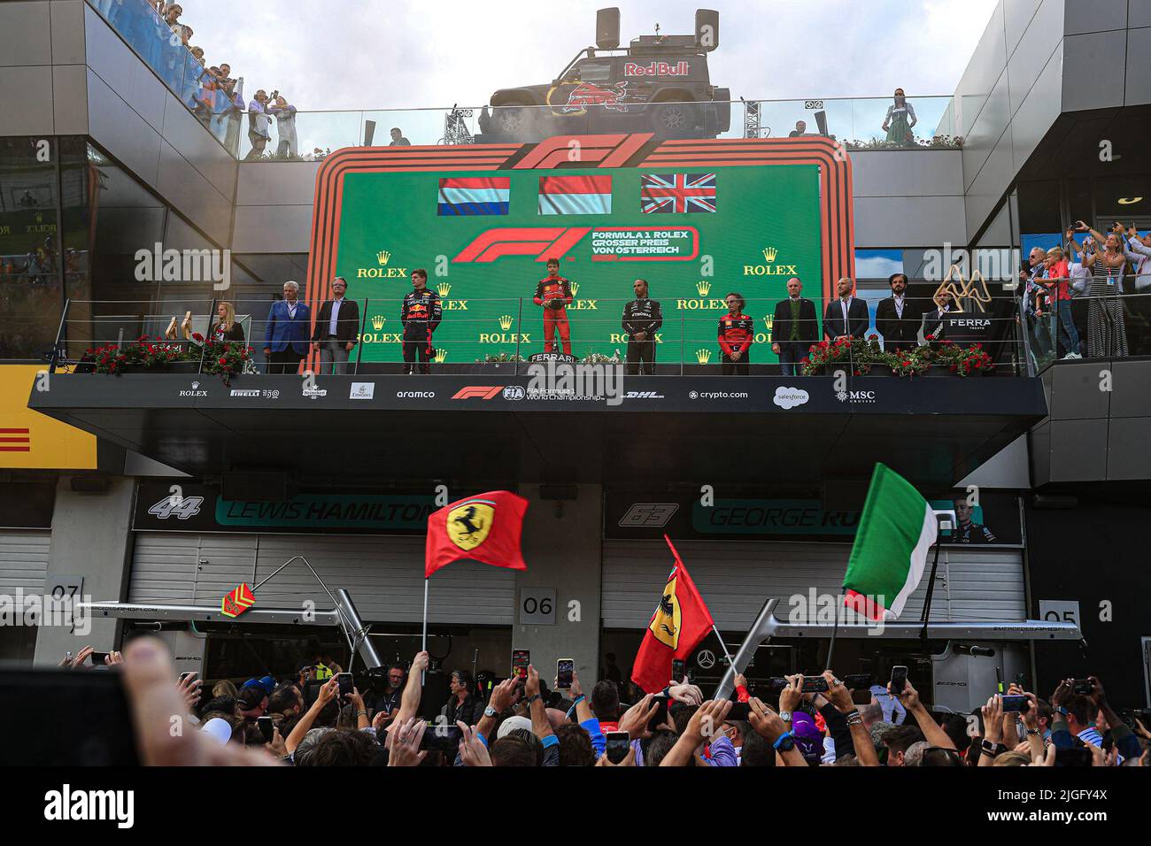 Red Bull Ring, Spielberg, Österreich, 10. Juli 2022, Podium des GP F1 in Österreich 2022 - Charles Leclerc (MON) Ferrari F1-75; Max Verstappen (NED) Redbull Racing RB18: Lewis Hamilton (GBR) Mercedes W13 E Performance während des Grand Prix in Österreich 2022 - Rennen - Formel 1 Meisterschaft Stockfoto