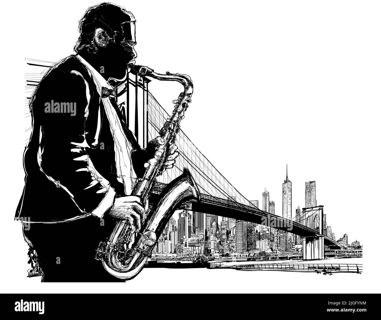 Saxophonspieler an der Historic Brooklyn Bridge - Vektorgrafik (ideal zum Bedrucken von Stoff oder Papier, Poster oder Tapeten, Hausdekoration) Stock Vektor