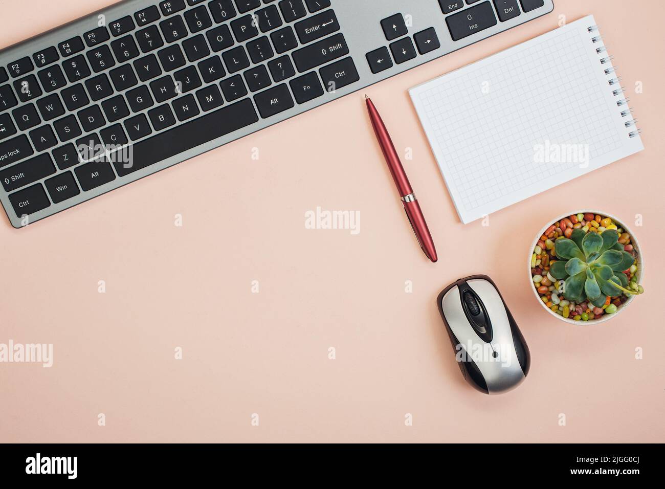 Foto über dem Kopf der Tastatur Stift Papier Flowerpot Computer Maus Stockfoto