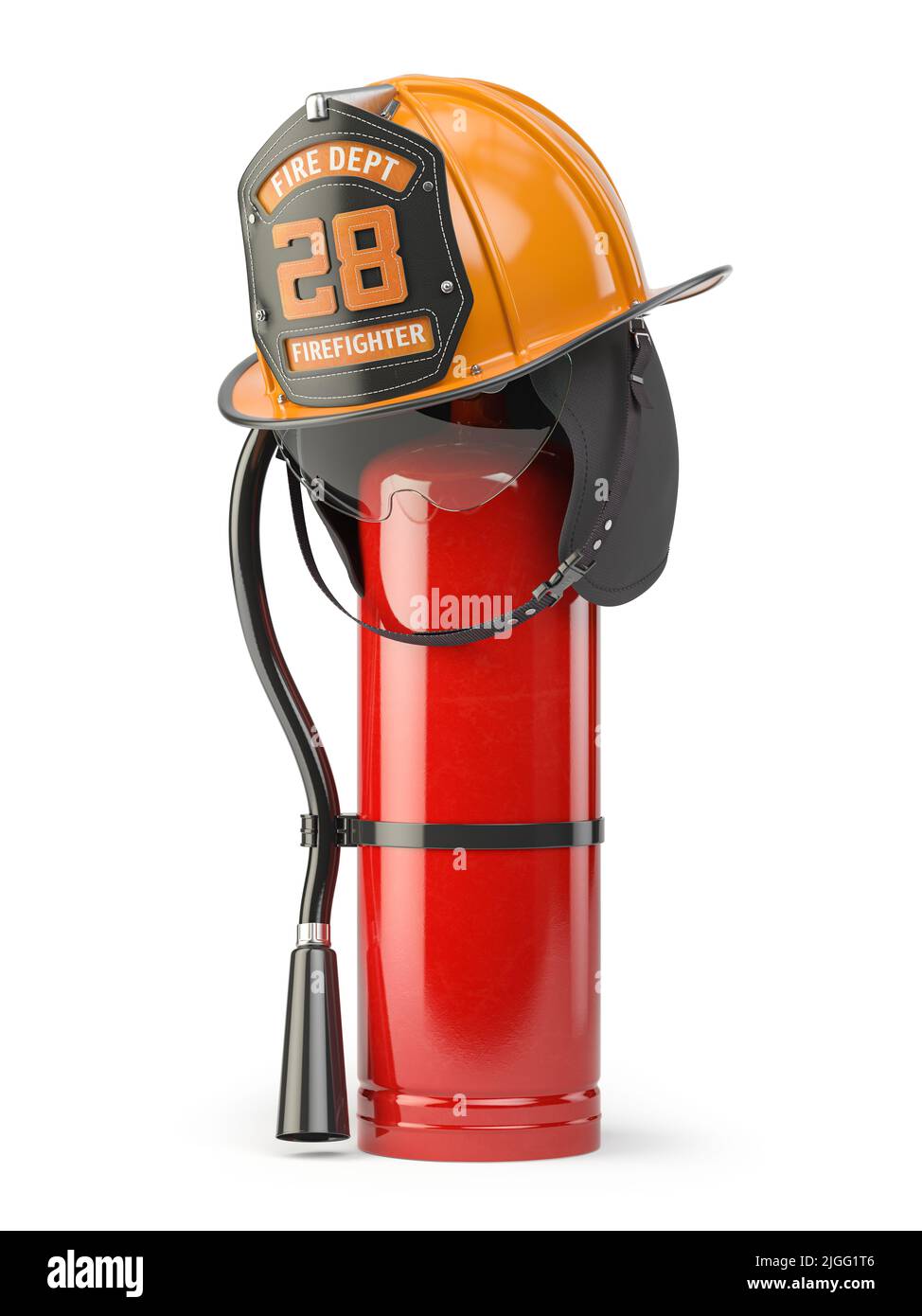 Feuerwehrhelm auf einem Feuerlöscher isoliert auf weiß. 3D Abbildung Stockfoto
