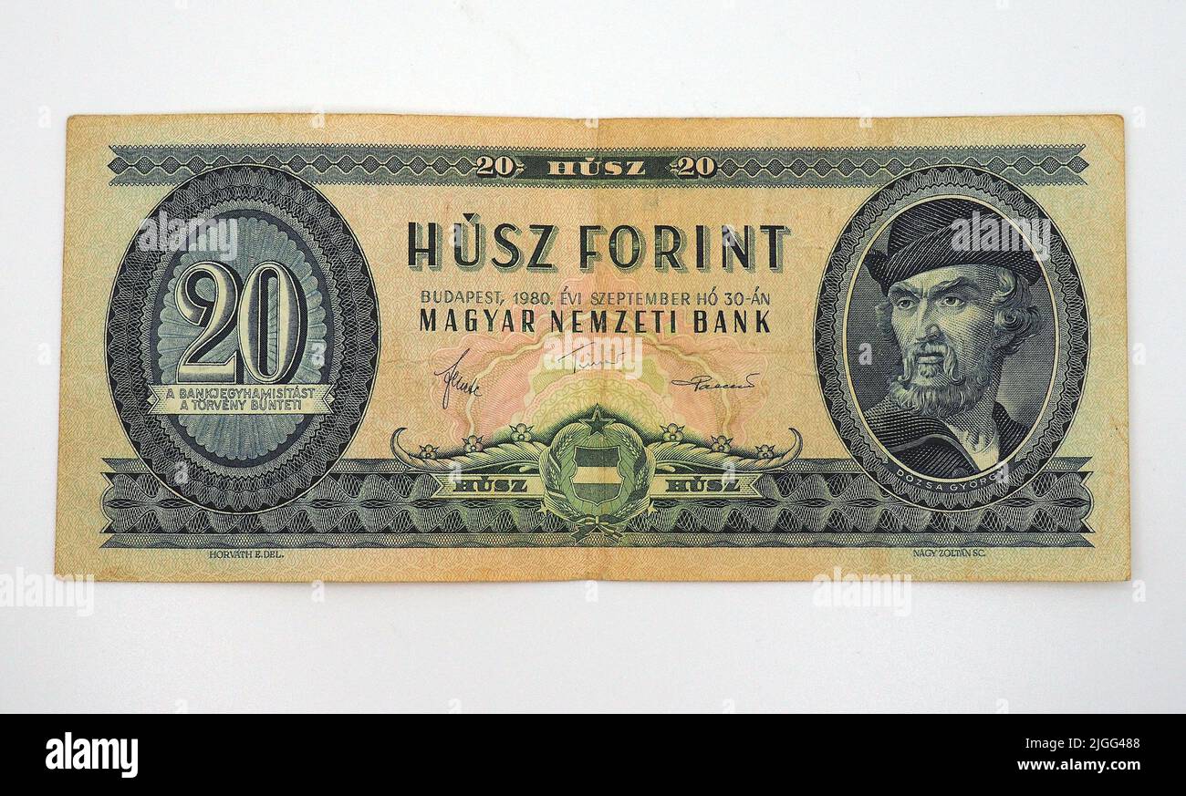 Alte zwanzig HUF-Banknote (1947-1992), György Dózsa, ungarischer Forint, Ungarn, Magyarország, Europa Stockfoto