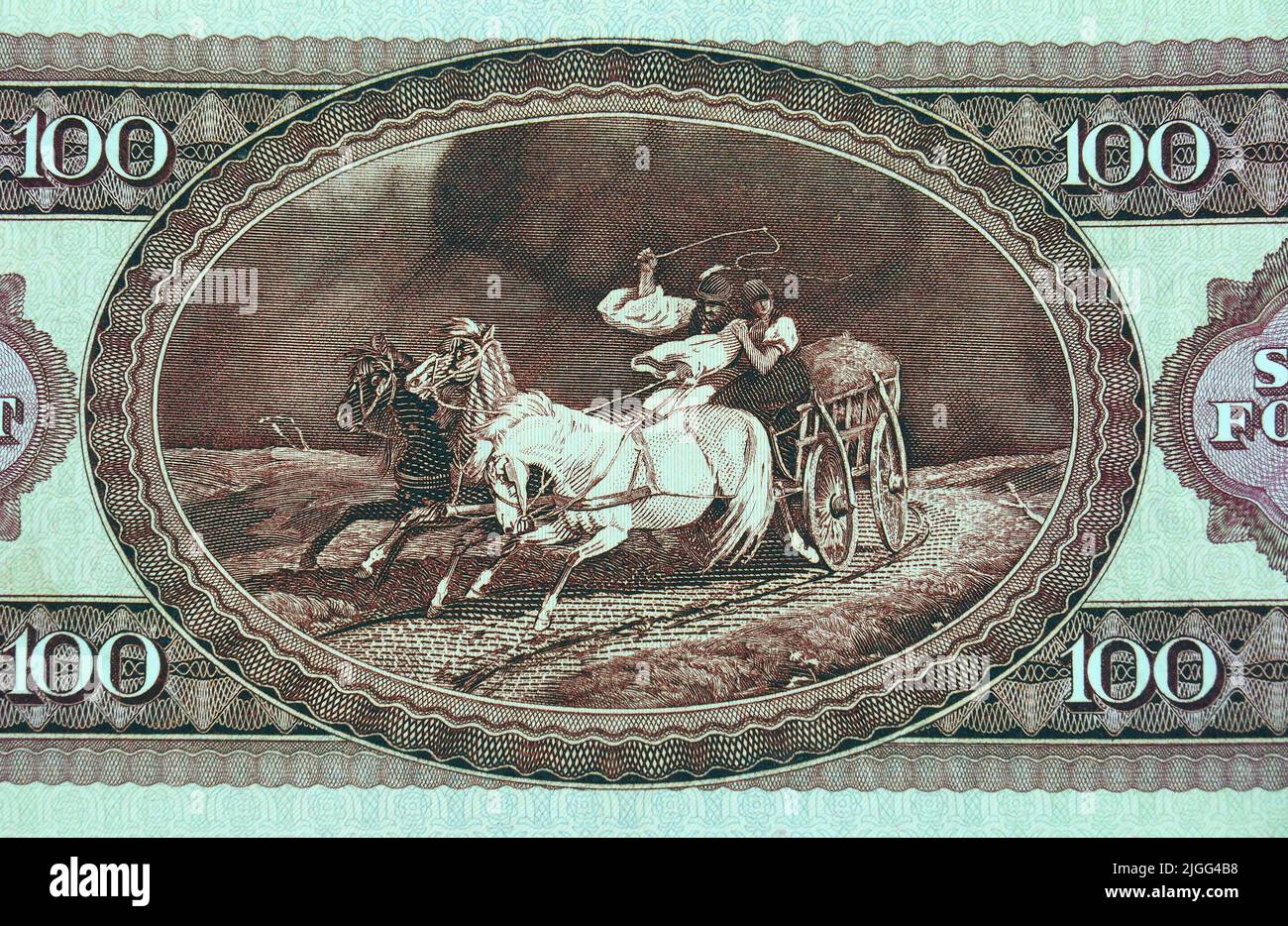 Alte hundert HUF-Banknote (1992-1998), Gemälde von Károly Lotz: 'Flucht vor dem Gewitter', ungarischer Forint, Ungarn, Magyarország, Europa Stockfoto