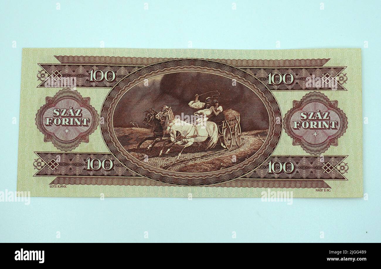 Alte hundert HUF-Banknote (1992-1998), Gemälde von Károly Lotz: 'Flucht vor dem Gewitter', ungarischer Forint, Ungarn, Magyarország, Europa Stockfoto