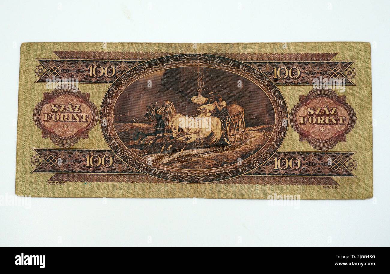 Alte hundert HUF-Banknote (1949-1998), Gemälde von Károly Lotz: 'Flucht vor dem Gewitter', ungarischer Forint, Ungarn, Magyarország, Europa Stockfoto