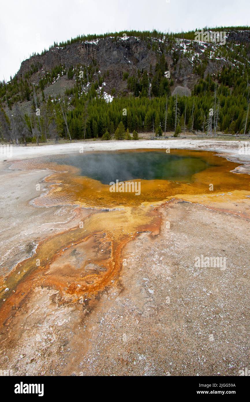 Der farbenfrohe Emerald Pool im Black Sand Basin des Yellowstone NP, WY, USA. Stockfoto