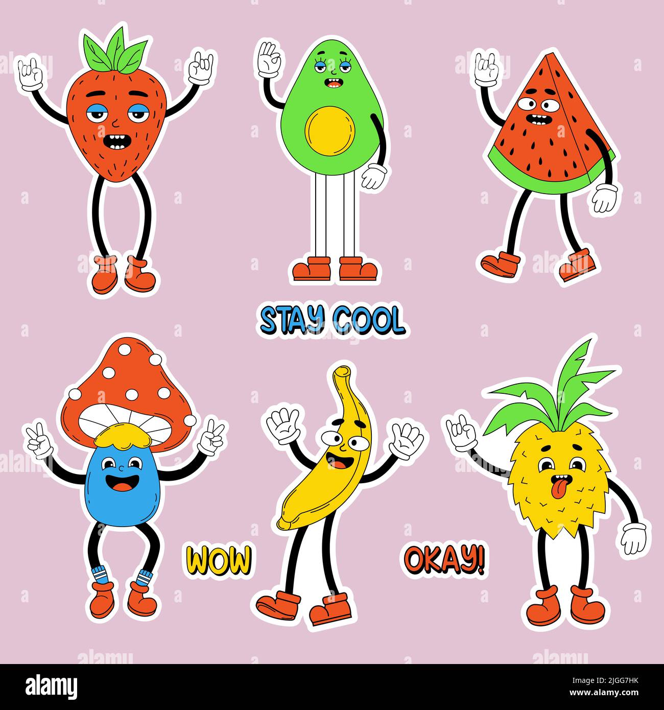 Groovige Aufkleber. Retro-Cartoon lustige Comic-Figuren Obst mit Handschuhen und Füßen. Comic-Vektor-Elemente im trendigen coolen Stil. Avocado, Erdbeer Stock Vektor