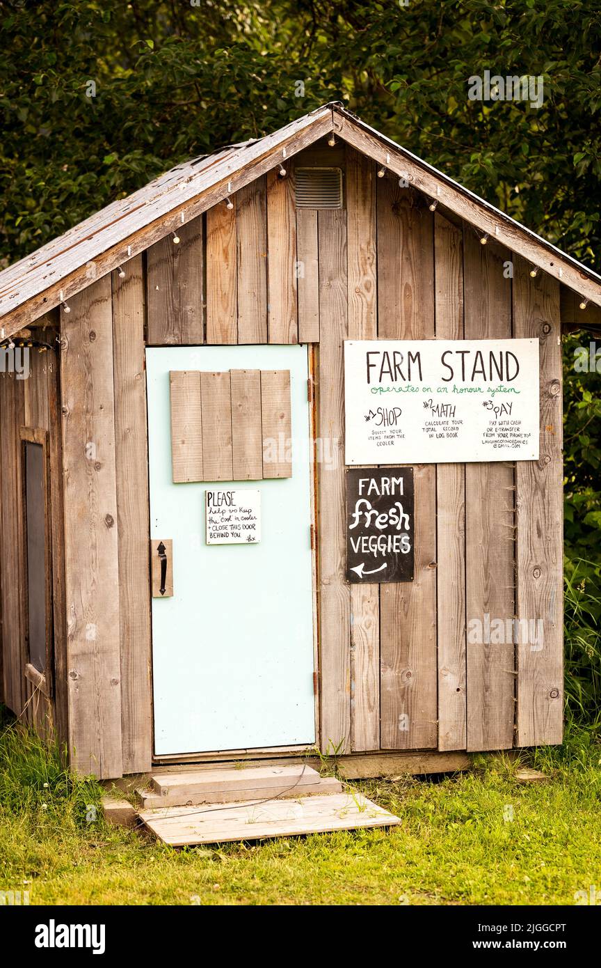 Ein ehrenvoll anbauter ländlicher Bauernhof, an dem Bauern Bio-Produkte verkaufen können. Pemberton, BC, Kanada. Stockfoto