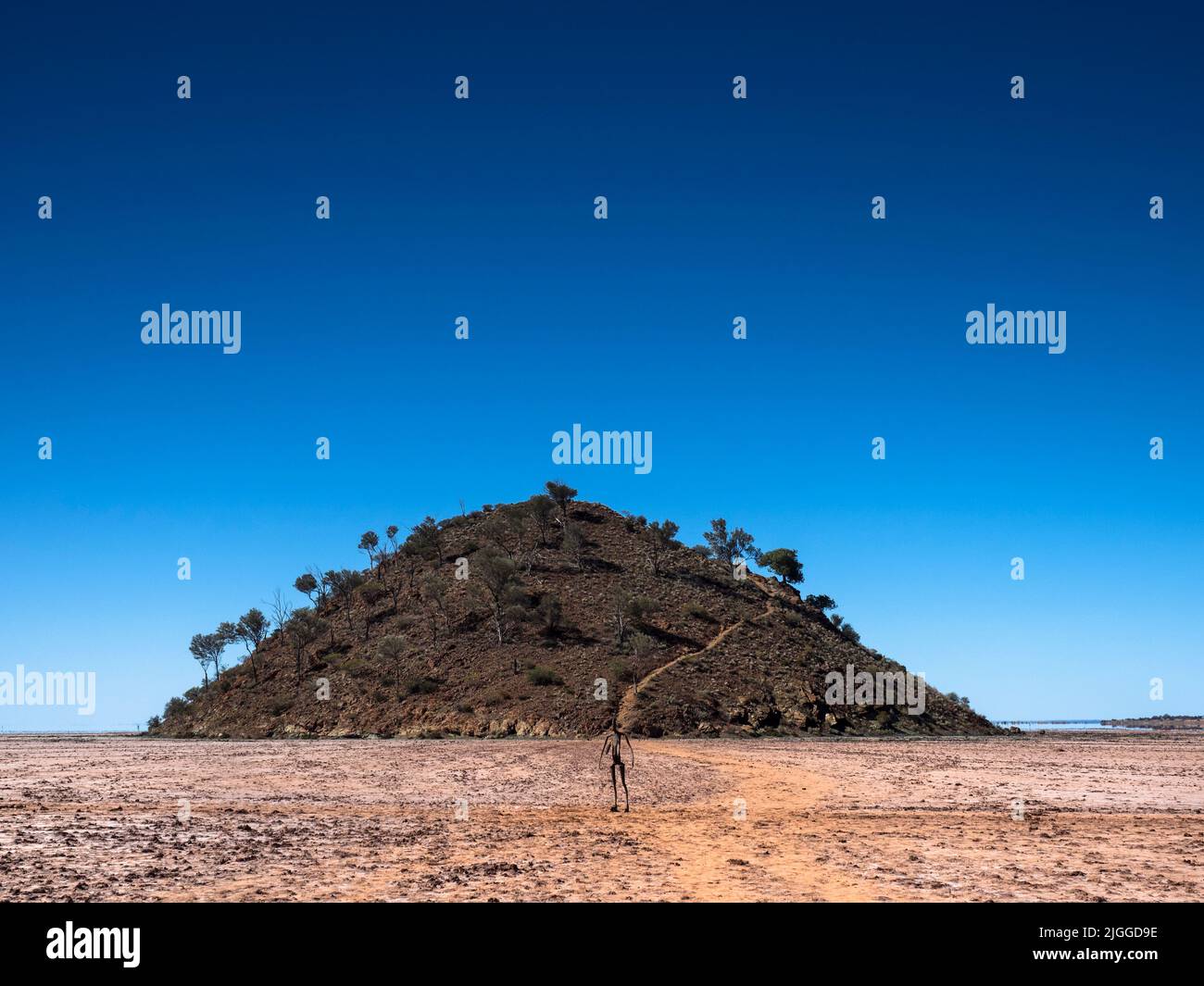 Einer der Lake Ballard. „Salt People“ von Sir Antony Gormley (mit dem Titel „Inside Australia“) vor einem kleinen Hügel am trockenen Salzsee. Stockfoto