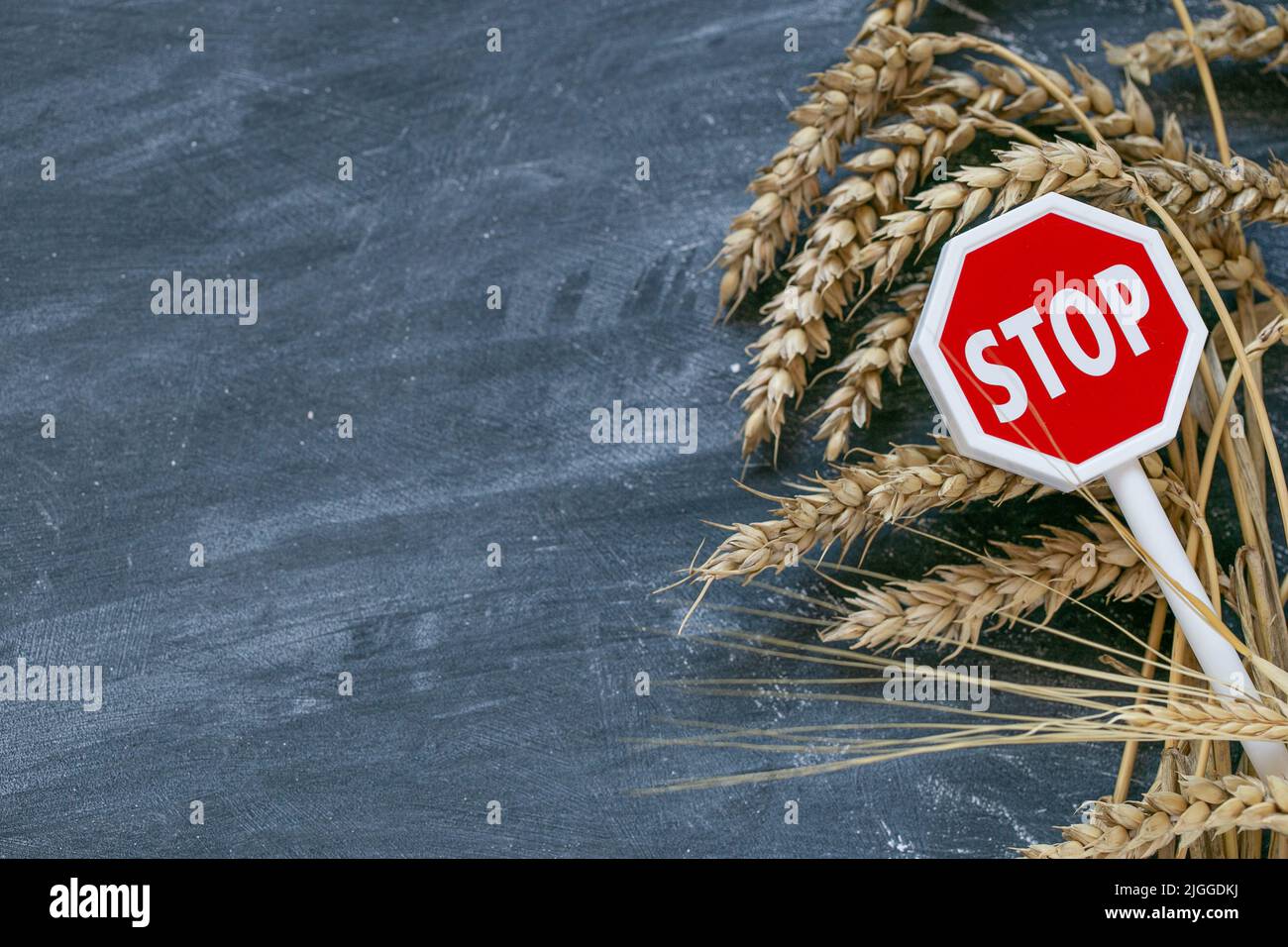 Weizenimport- und Exportverbot.steigende Preise für Weizen- und Mehlprodukte.Stoppen Sie auf den Import und Export von Weizen.Weizenohren und Stop-Zeichen.Lebensmittelkrise Stockfoto