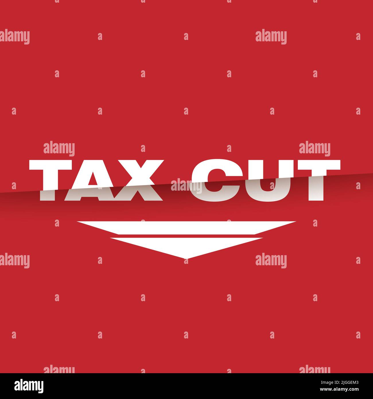 Tax Cut Text konzeptuelles rotes und weißes Poster. Cut words und Pfeil zeigen Steuersenkungszahlen an. Stockfoto