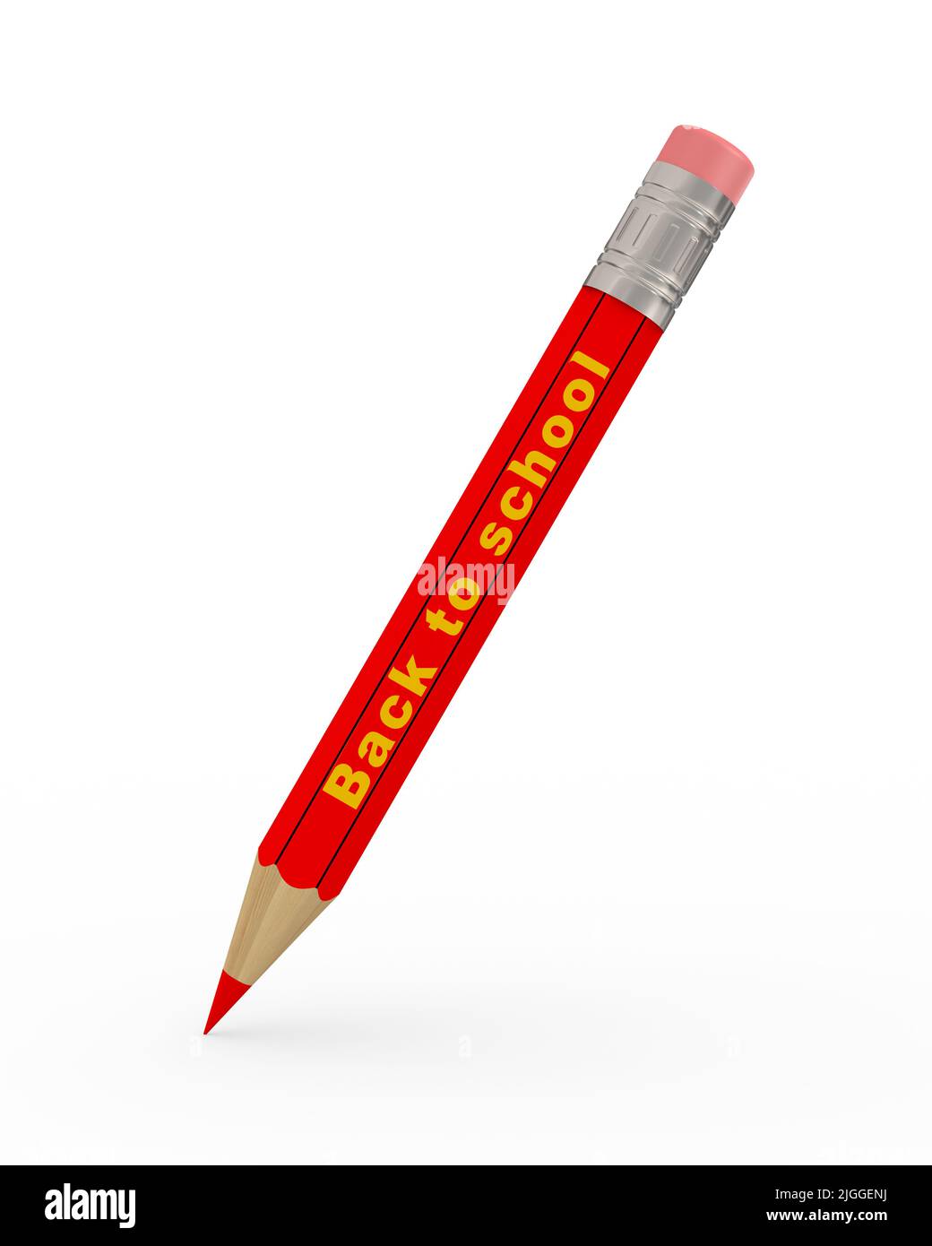 Roter Bleistift mit Text zurück zur Schule auf weißem Hintergrund. Isolierte 3D-Abbildung Stockfoto