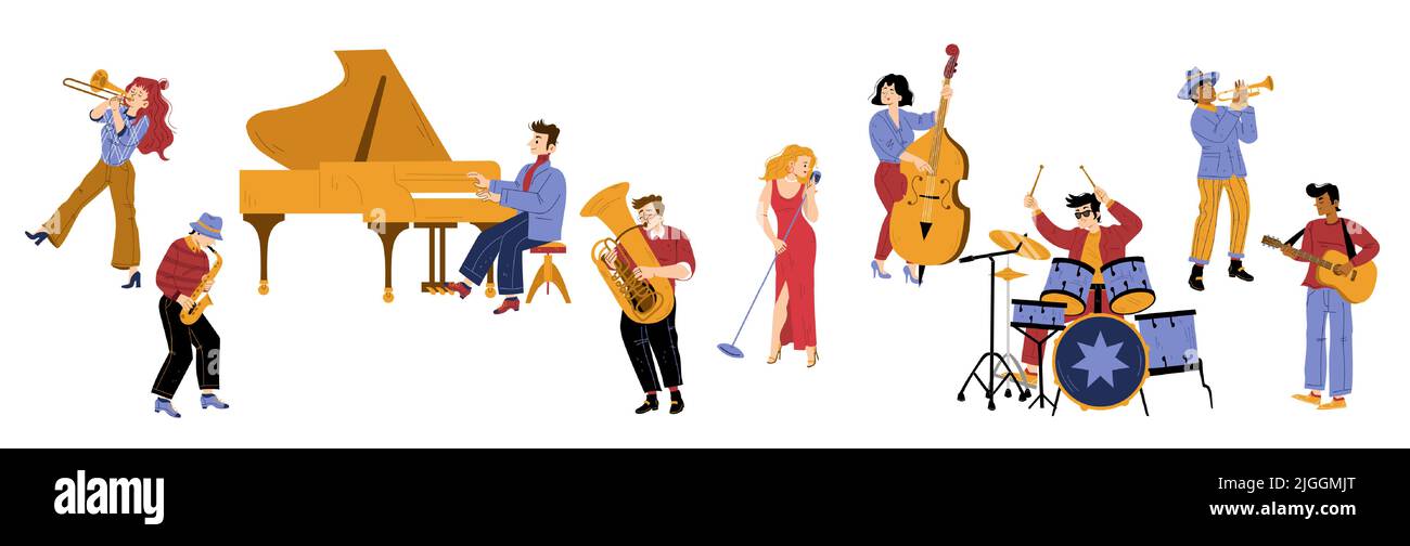 Jazz-Band-Vibe, Künstler, die Musik auf der Bühne aufführen. Männer und Frauen spielen auf Instrumenten wie Schlagzeug, Saxophon, Trompete und Kontrabass. Musikkonzert, Performance, Show, Line Art flache Vektor-Illustration Stock Vektor