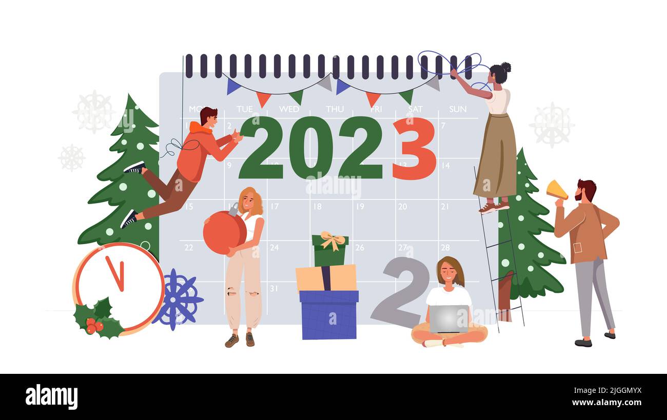 Weihnachtsfeier im Büro. Glückliche kleine Menschen, die sich auf das neue Jahr vorbereiten, engagierte sich das Business-Team in der Dekoration Corporate Party. 2023 Winter Urlaub Geschäftsleute, Büro Feier Vektor Illustration. Stock Vektor