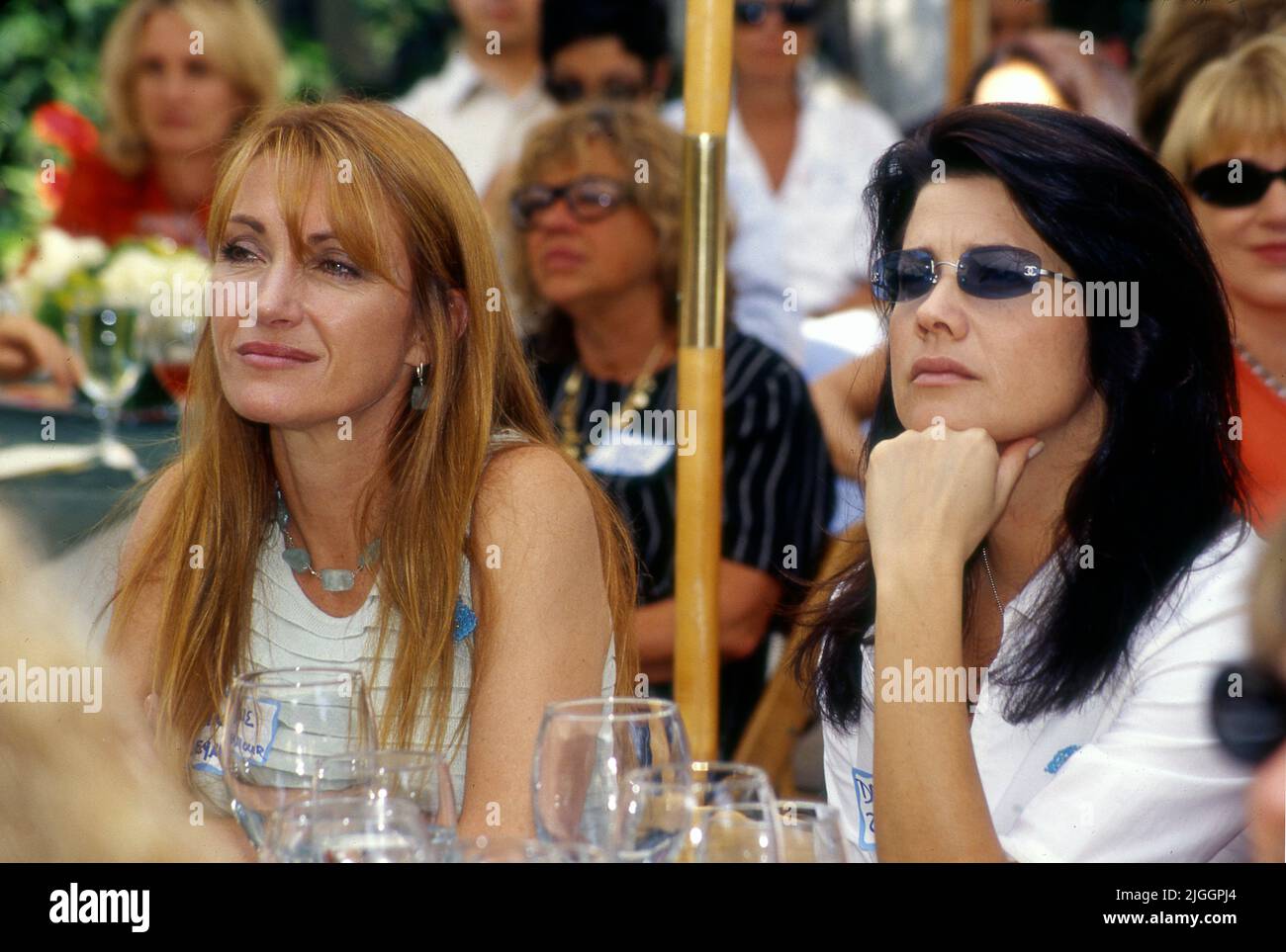 Jane Seymour und Daphne Zuniga nehmen an einer Spendenaktion für die ÄRA in einem Haus in Brentwood, ca. 2001, Teil Stockfoto