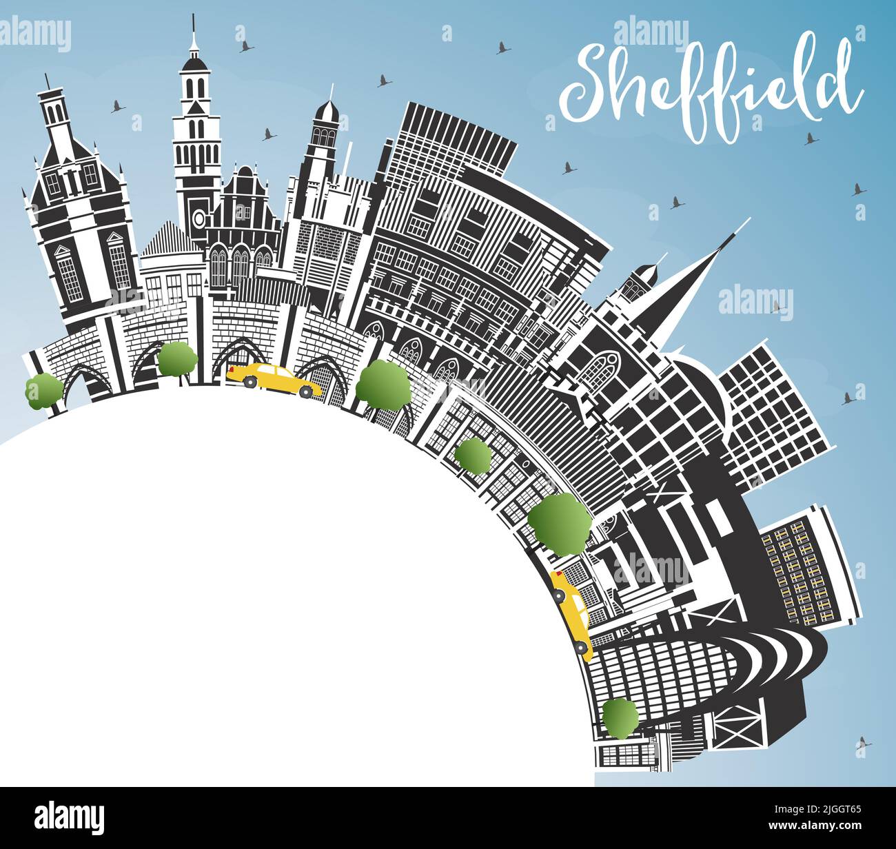 Skyline von Sheffield UK City mit farbigen Gebäuden, blauem Himmel und Kopierraum. Vektorgrafik. Stadtbild von Sheffield South Yorkshire mit Wahrzeichen. Stock Vektor