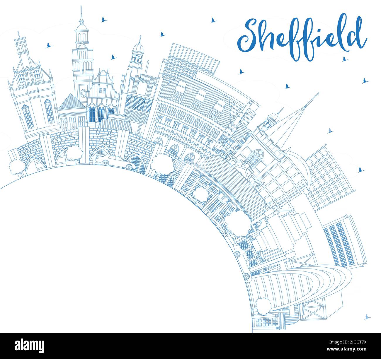 Skizzieren Sie die Skyline von Sheffield UK City mit blauen Gebäuden und Kopierfläche. Vektorgrafik. Stadtbild von Sheffield South Yorkshire mit Wahrzeichen. Stock Vektor