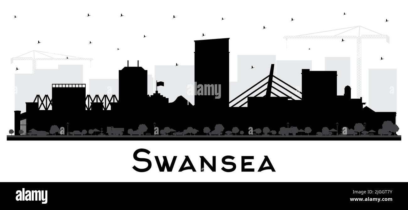 Swansea Wales City Skyline Silhouette mit schwarzen Gebäuden isoliert auf Weiß. Vektorgrafik. Swansea UK Stadtbild mit Wahrzeichen. Stock Vektor