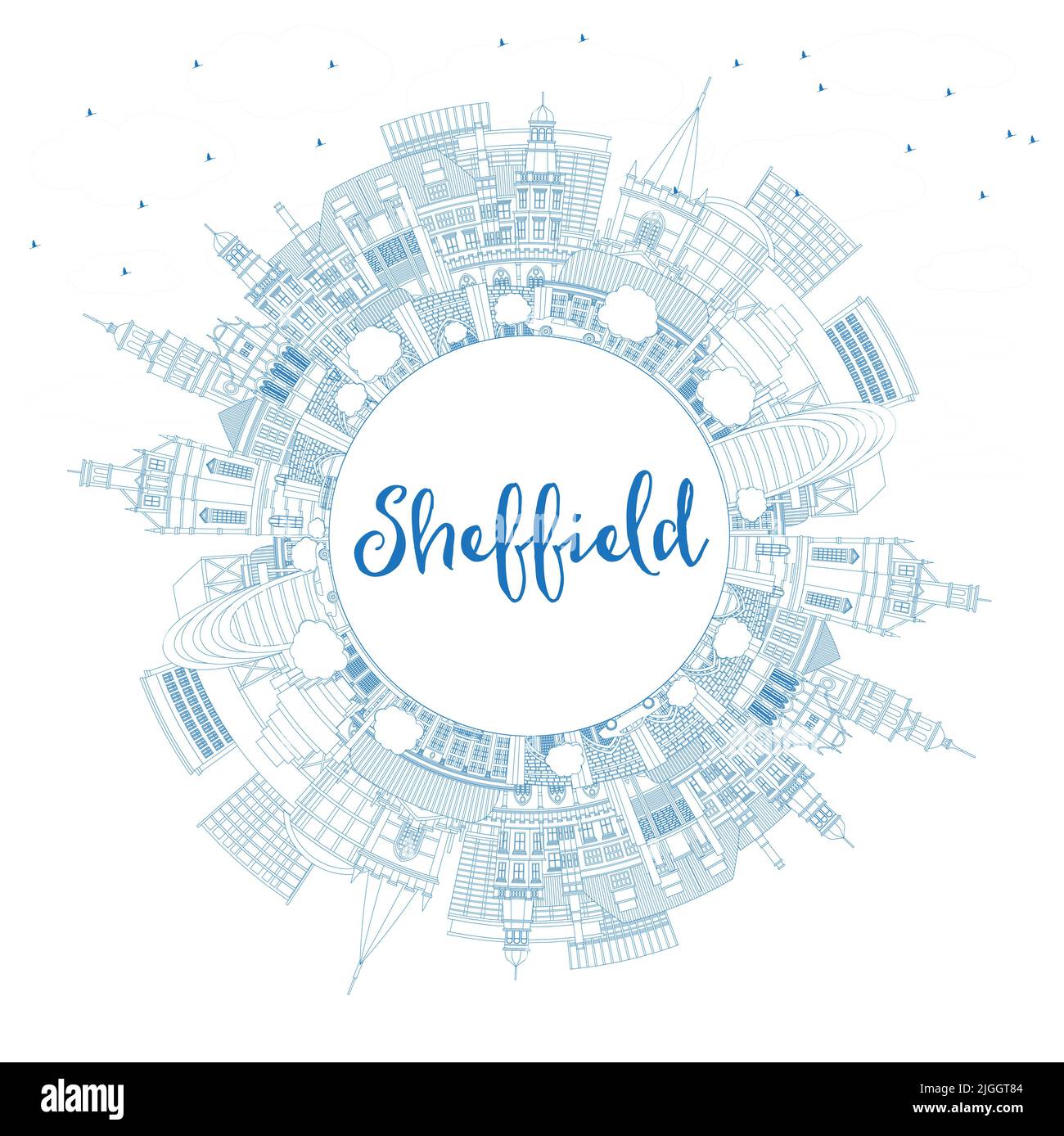 Skizzieren Sie die Skyline von Sheffield UK City mit blauen Gebäuden und Kopierfläche. Vektorgrafik. Stadtbild von Sheffield South Yorkshire mit Wahrzeichen. Stock Vektor