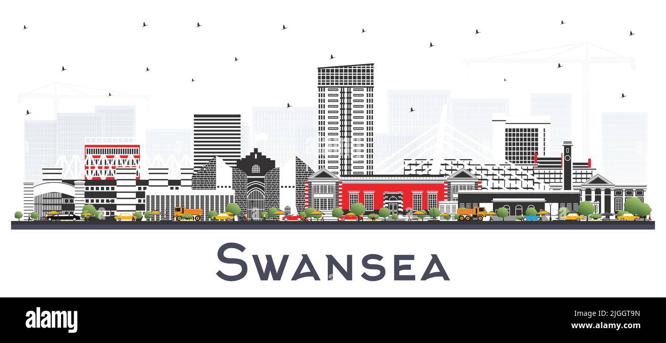 Swansea Wales City Skyline mit farbigen Gebäuden isoliert auf Weiß. Vektorgrafik. Swansea UK Stadtbild mit Wahrzeichen. Stock Vektor