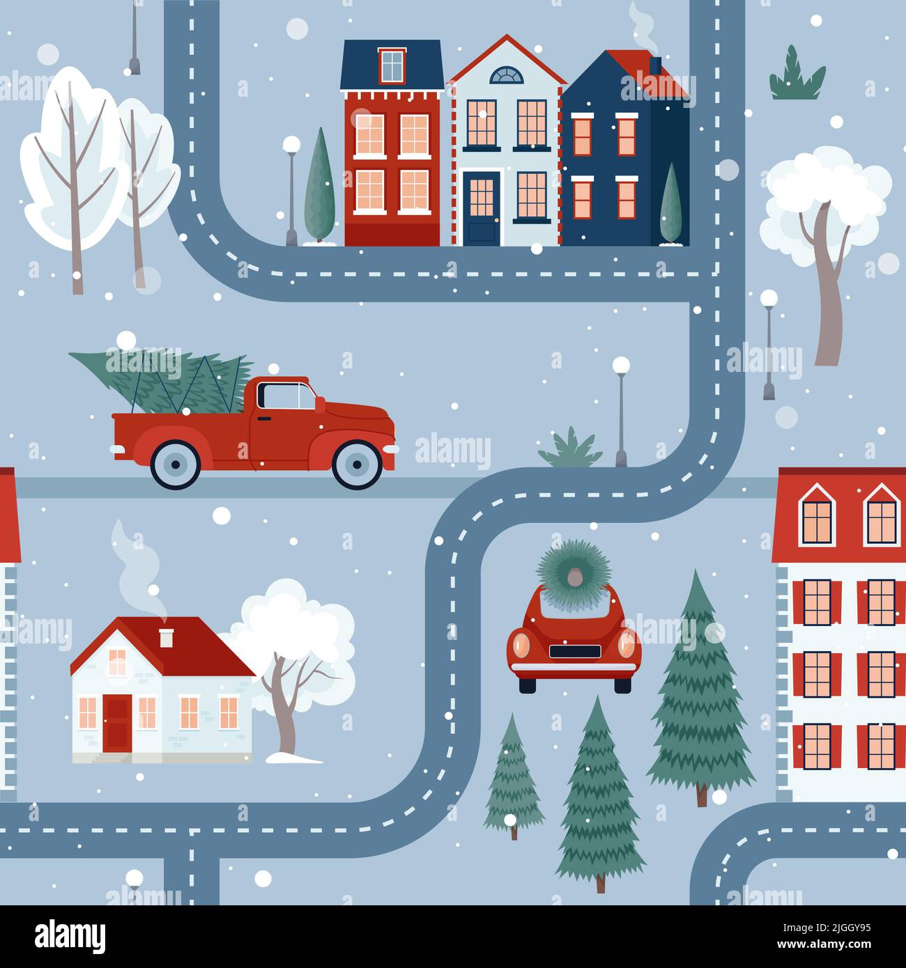 Süße Kinder nahtloses Muster der Vorweihnachtsstadt mit Häusern, Autos, Bäumen und Straßenlaternen. Vektorgrafik im flachen skandinavischen Stil Stock Vektor