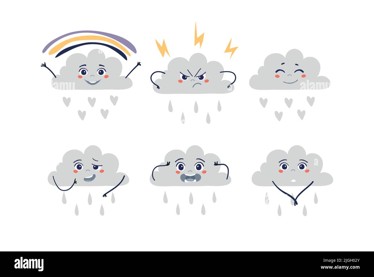 Wolken-Emoticon mit verschiedenen Emotionen, Gewitter, Regenbogen, Regen, niedliches flaches Symbol für Wettervorhersage, Kindergarten, Naturunterricht. Satz von Vektoren Stock Vektor