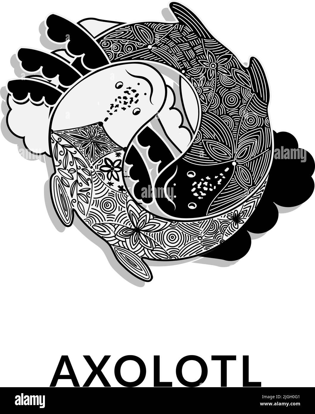 Niedliches Axolotl (Ambystoma mexicanum), Vektor-Symbol in Schwarzweiß. Yin und Yang. Weißes und schwarzes Axolotl. Fantasiemuster auf Reptilienrücken. Logo in Fashi Stock Vektor