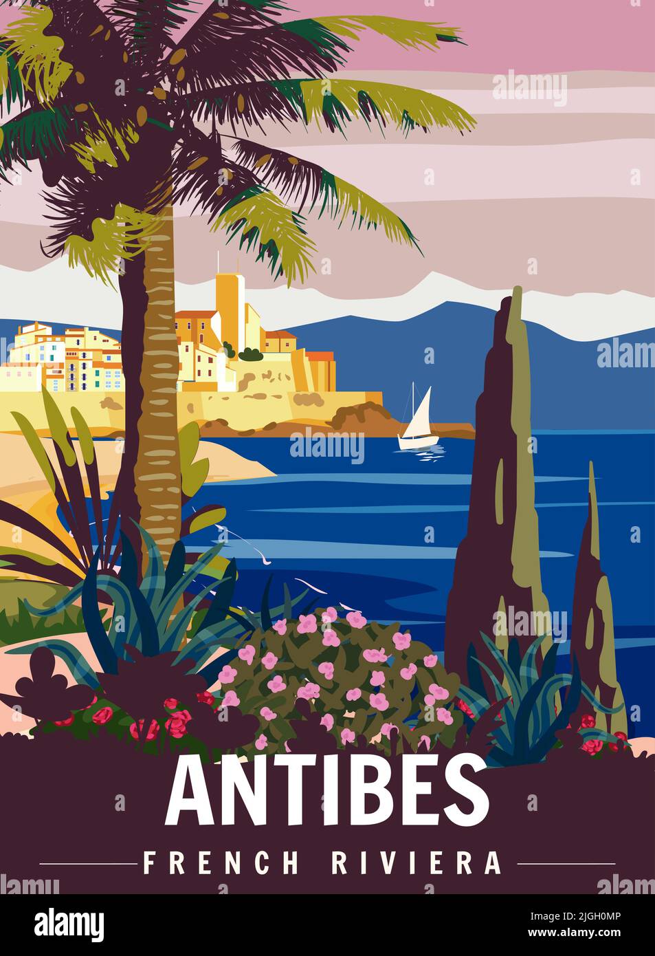 Antibes French Riviera Retro Poster. Tropische Küste, landschaftlich schöne Aussicht, Palmen, Mittelmeer, Meer Stadt. Stock Vektor
