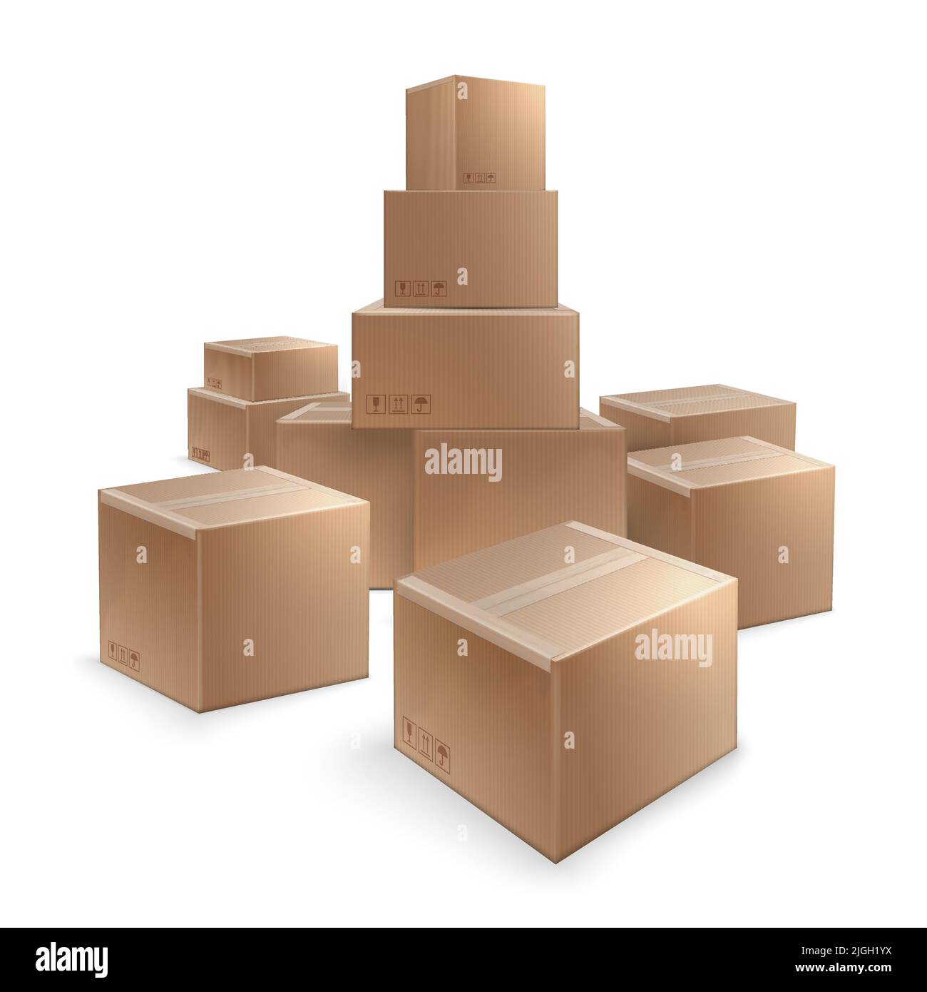 Stapel von gestapelten versiegelten Kanälen geklebte Kartons für Waren auf weißem Hintergrund realistische Vektordarstellung Stock Vektor