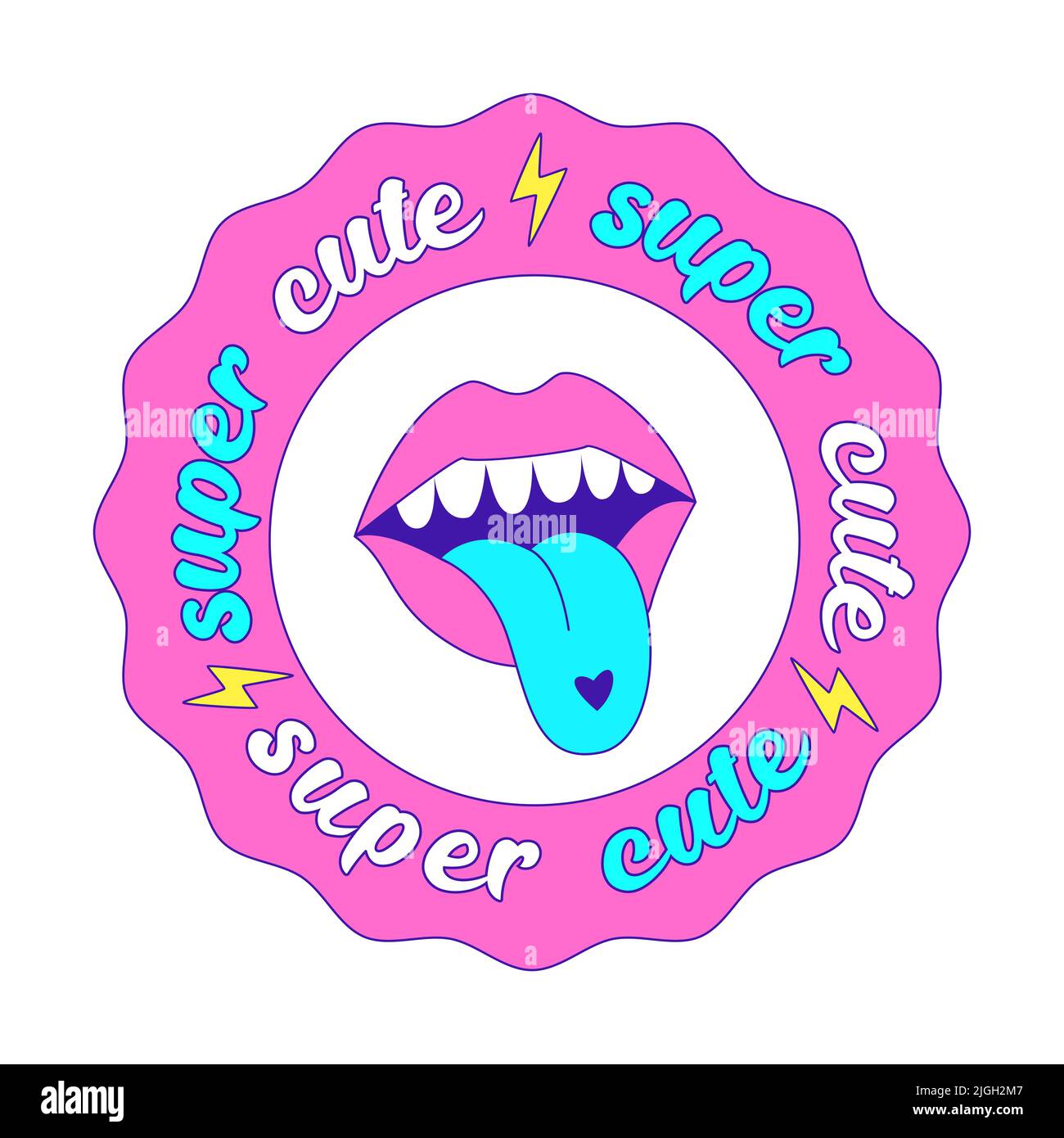 Girly Y2K Aufkleber. Ein runder Fleck mit einem welligen Rand, Blitz, einem Mund mit einer hervorragenden Zunge und Worten - super niedlich. Grafisches Textelement in Brigh Stock Vektor