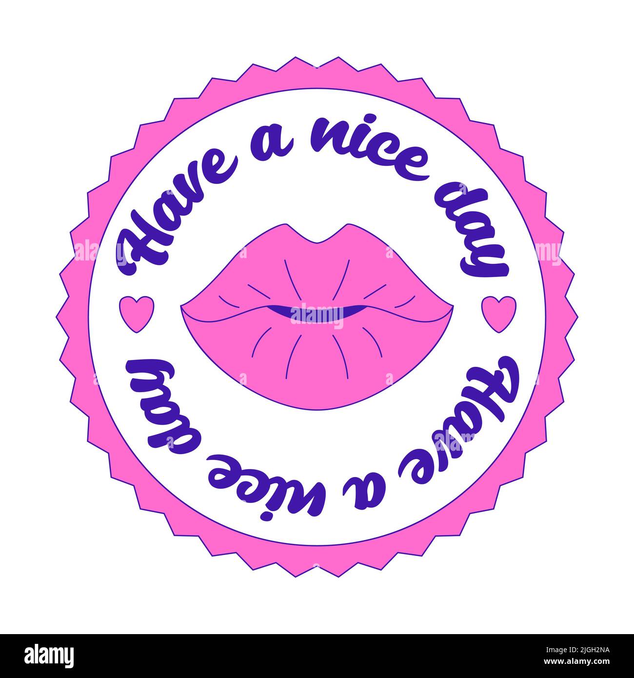 Girly motivierende Y2K Aufkleber. Patch mit weiblichen Lippen und den Worten Schönen Tag. Textgrafikelement in hellen Säurelaktfarben. Nostalgie für die 2000 Stock Vektor