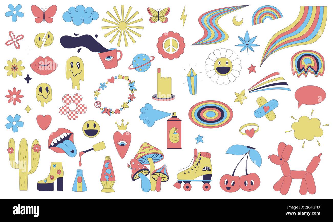 Ein Set aus Y2K Aufklebern mit witzigen trendigen, flippigen Cartoon-surrealen Elementen, Regenbogen, Smiley-Gesicht, Pilzen. Ein Set von Space Stickern aus dem Jahr 2000s. Vec Stock Vektor