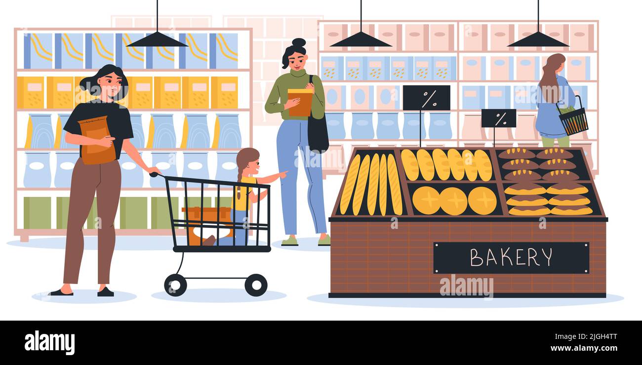 Supermarkt Zusammensetzung mit Innenansicht von Self-Service-Shop mit Produkten auf Regalen und Backwaren Vektor-Illustration Stock Vektor