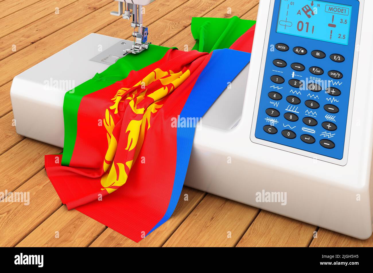 Moderne Nähmaschine mit eritreischer Flagge auf dem Holztisch. 3D Rendern Stockfoto