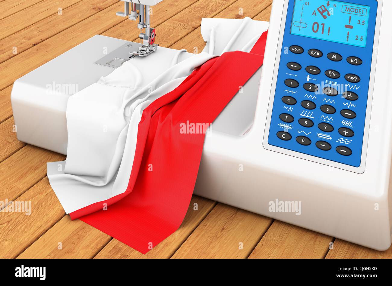 Moderne Nähmaschine mit polnischer Flagge auf dem Holztisch. 3D Rendern Stockfoto