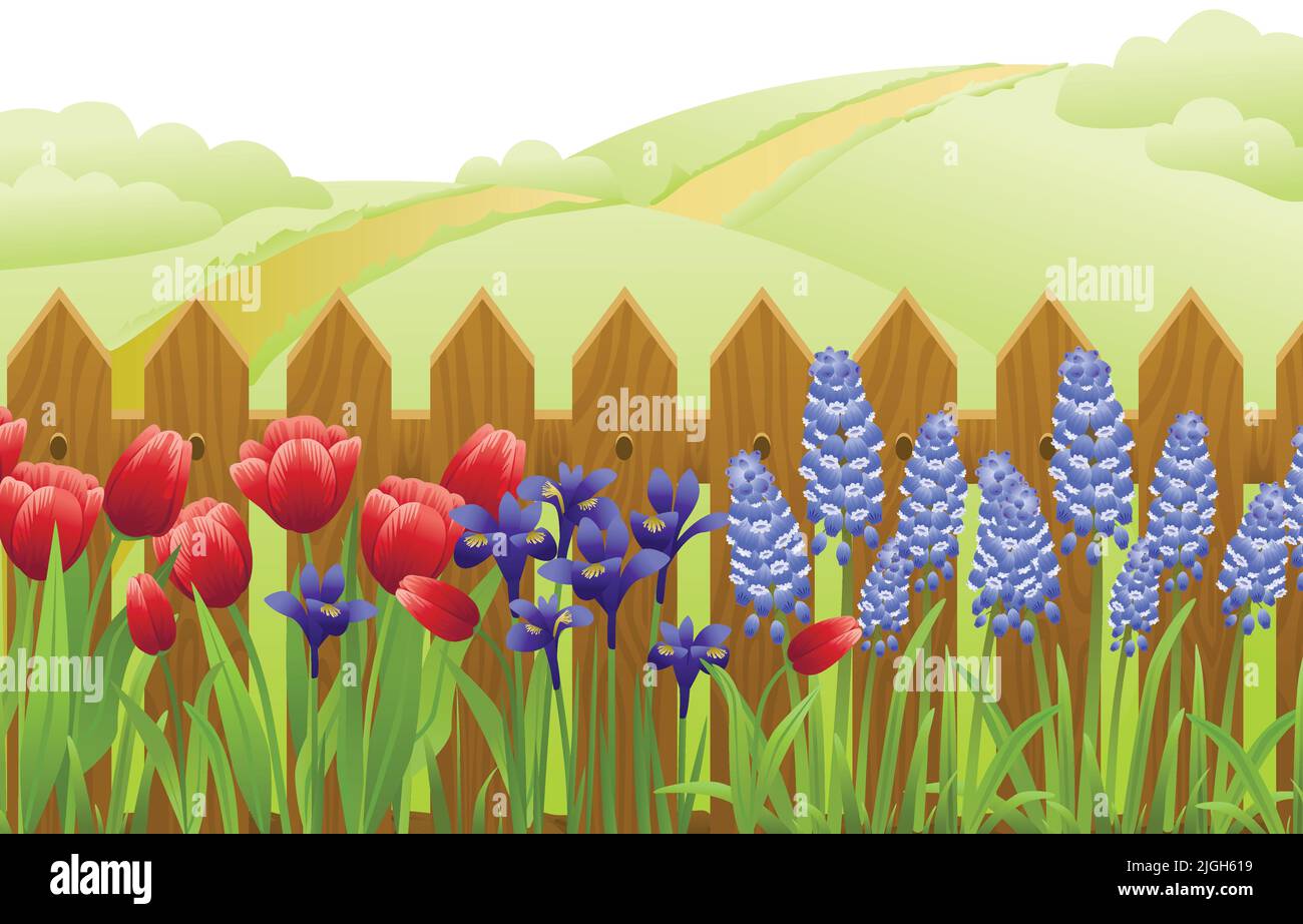 Frühling Blumen flache Komposition mit Outdoor-Vorstadtlandschaft und bunten Blumen vor Holzzaun Vektor-Illustration Stock Vektor