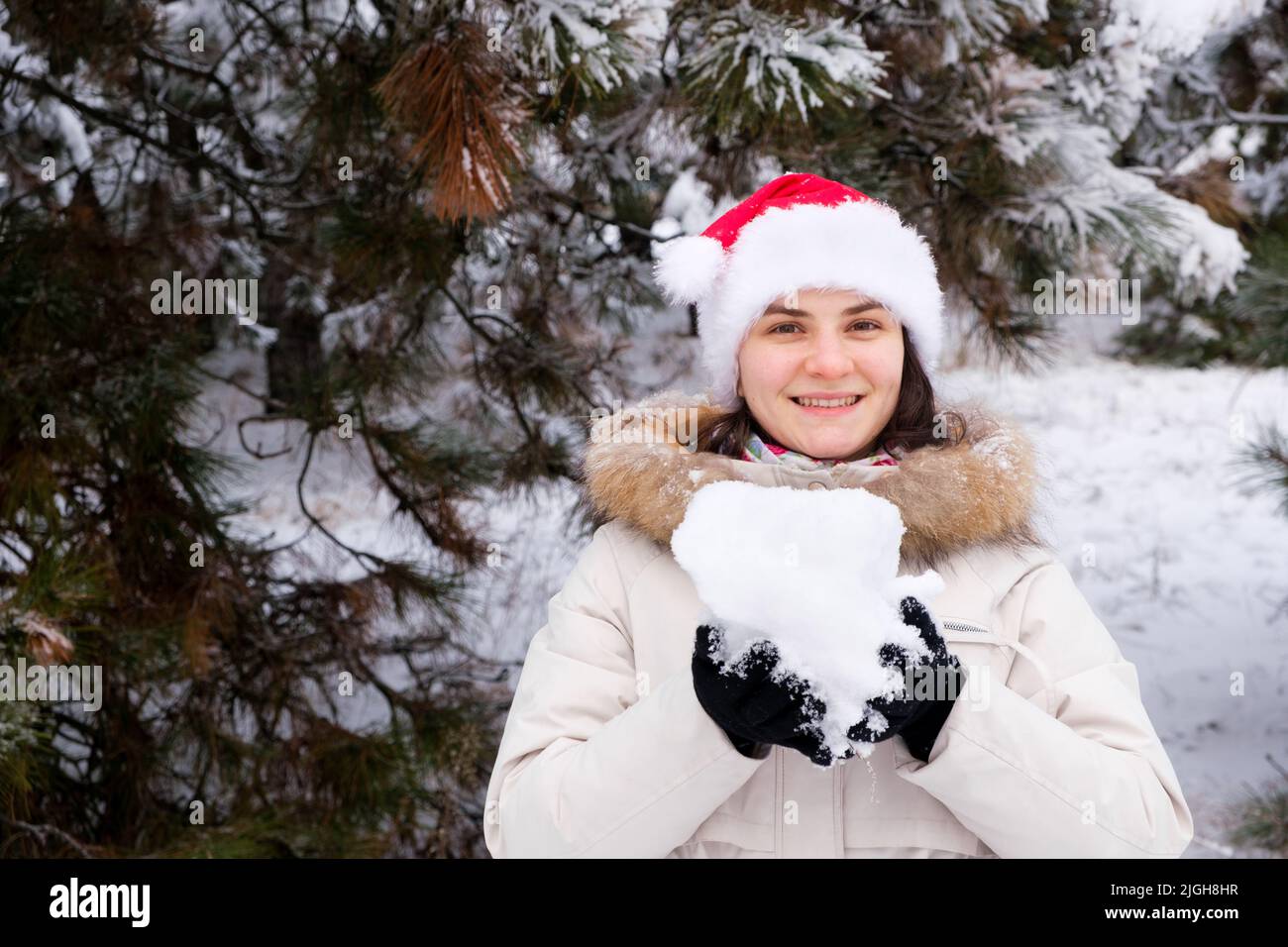 Eine Frau im Weihnachtsmann-Hut hält einen Schneeball in ihren Händen in einem schneebedeckten Winterwald, ein Ort für Text Stockfoto