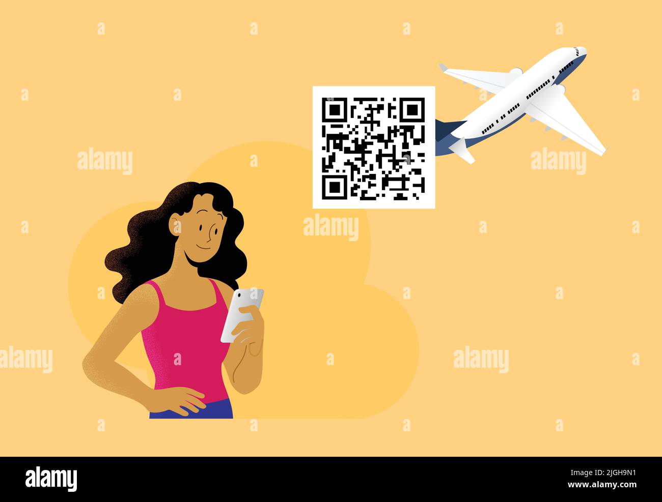 Junge Frau, die auf den Smartphone-Bildschirm schaut und das Handy in der Hand hält, mit qr-Code und Flugzeug auf dem Hintergrund-Vektor. Konzept des digitalen Sanitärpasses. Stock Vektor