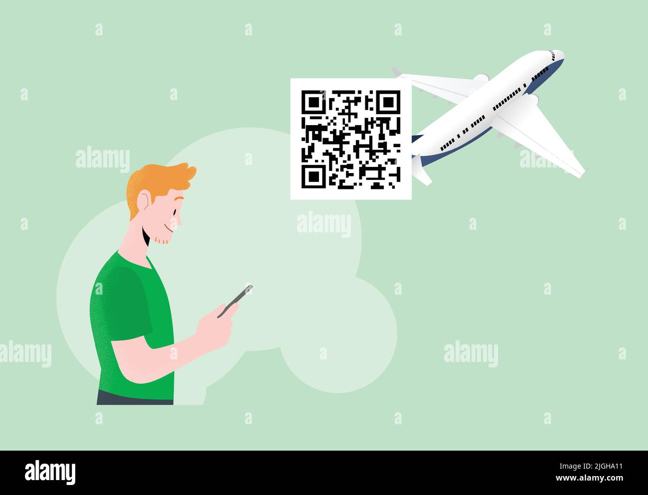 Junger Mann schaut auf Smartphone-Bildschirm mit qr-Code und Flugzeug auf Hintergrund Vektor. Konzept des digitalen Sanitäranpasses und der Reisegenehmigung. Stock Vektor