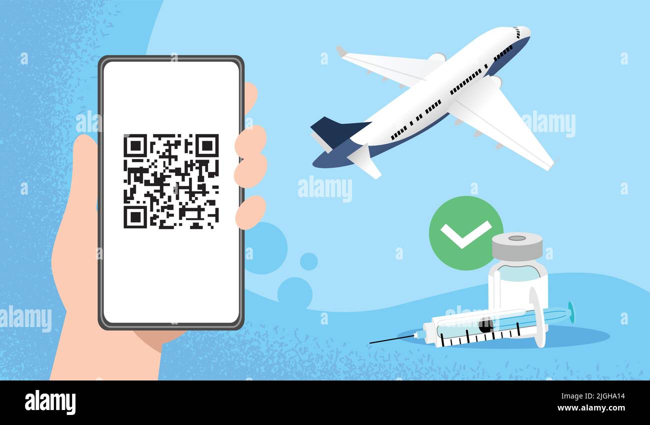 Handliches Smartphone mit qr-Code auf dem Bildschirm Vektorgrafik. Flugzeug im Hintergrund mit Spritze und Impfstoff gegen Viren. Stock Vektor
