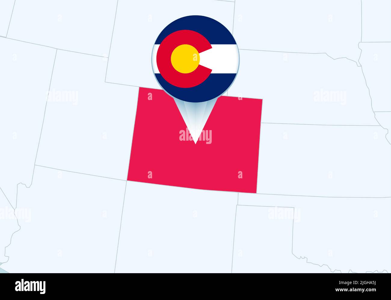 USA mit ausgewählter Colorado-Karte und dem Symbol für die Colorado-Flagge. Vektorkarte und Flagge. Stock Vektor
